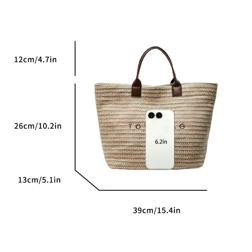 Woven Straw Tote Bag with Black Handles - Picture 6 of 6